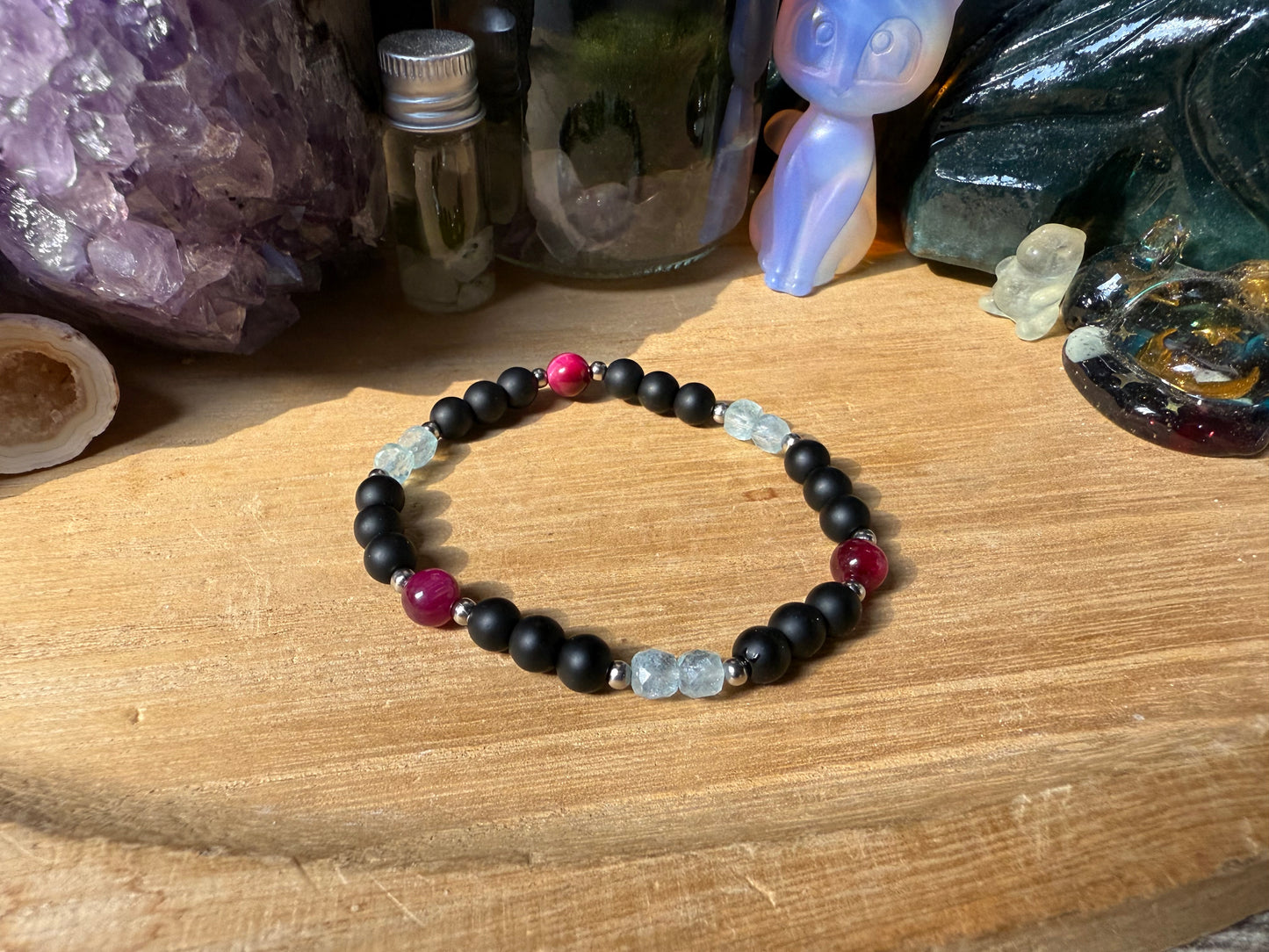 Aquamarin pink Tigerauge Onyx Armband